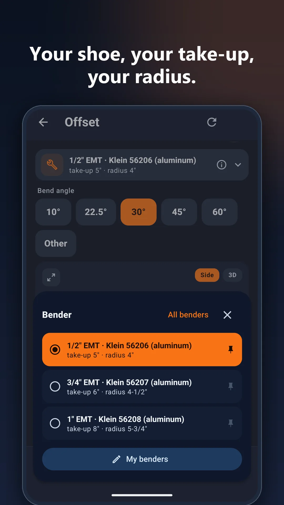 Conduit Bending Calculator app: Your shoe, take-up and radius