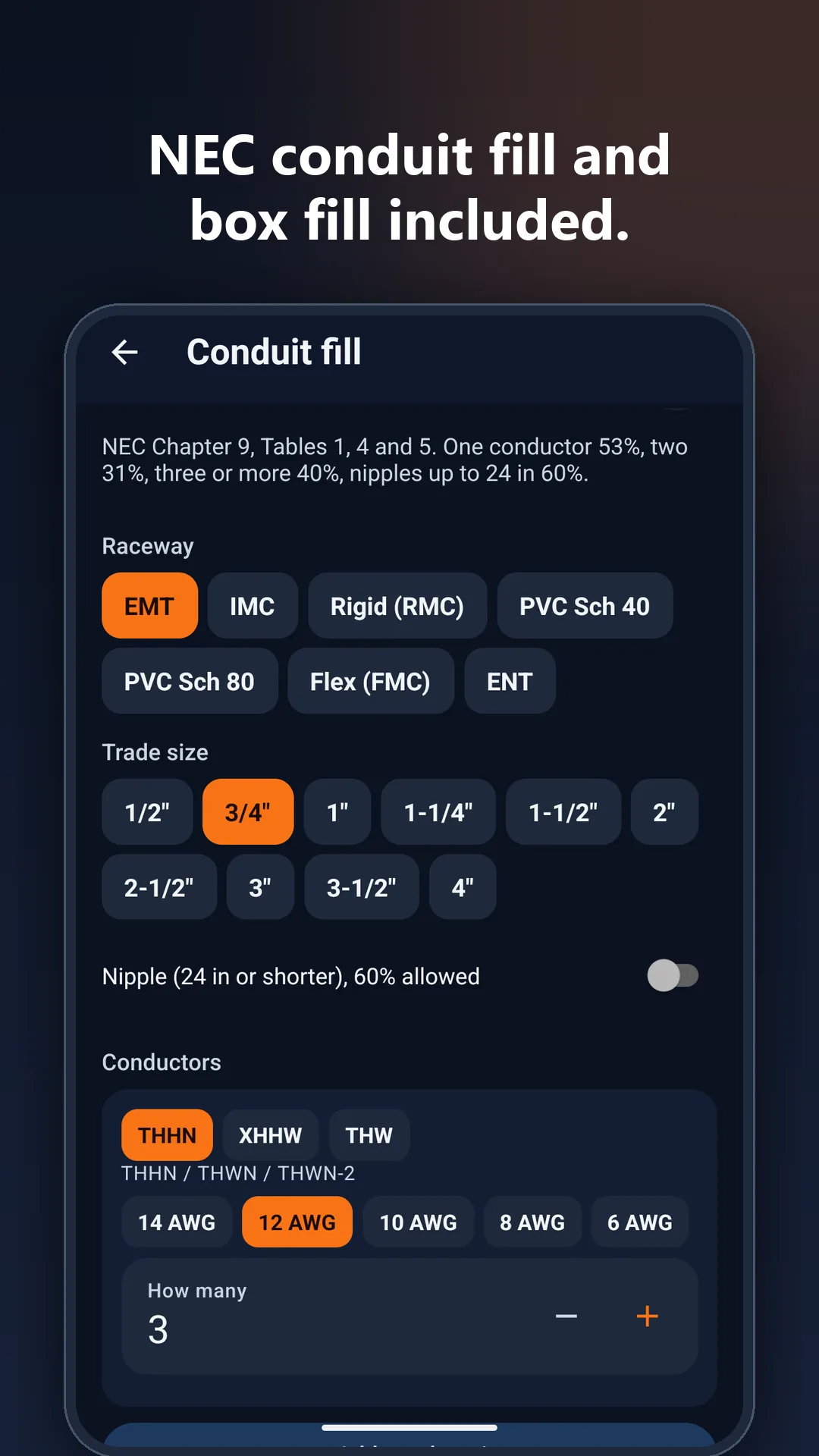 Conduit Bending Calculator app: NEC conduit and box fill