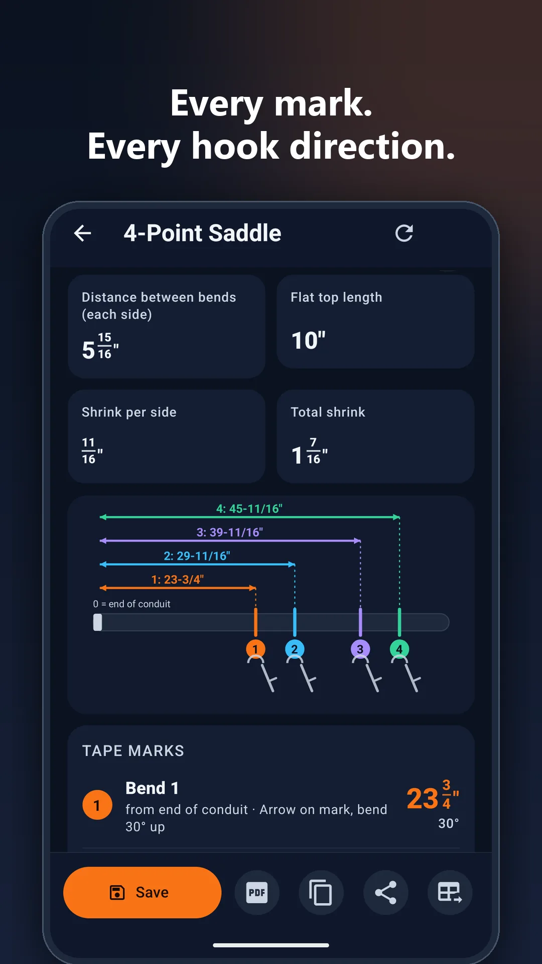Conduit Bending Calculator app: Every mark and hook direction