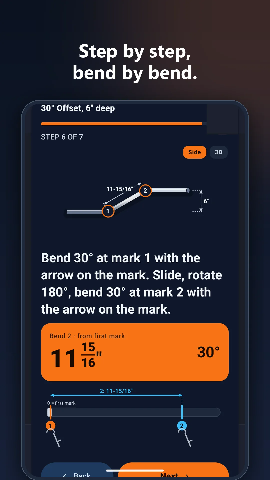 Conduit Bending Calculator app: Guide mode, one bend at a time