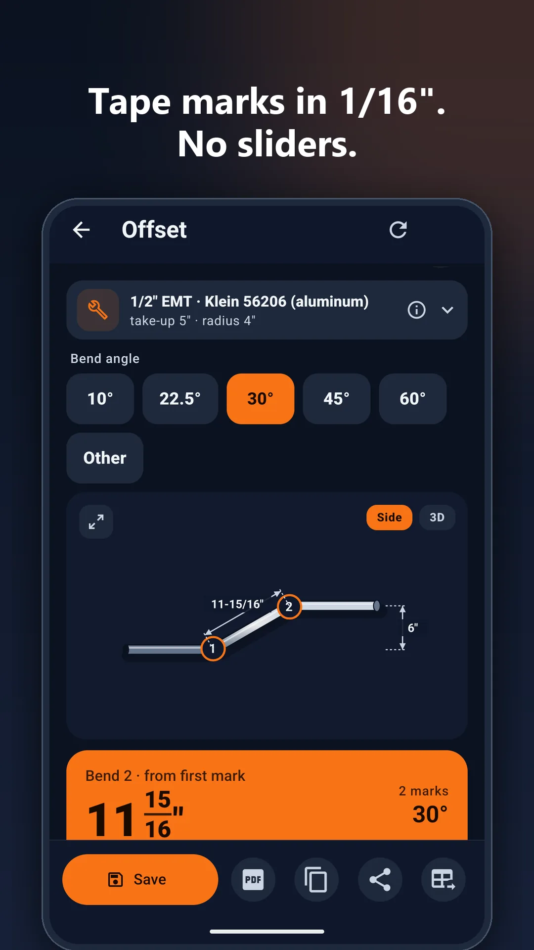 Conduit Bending Calculator app: Offset with both marks and the drawing