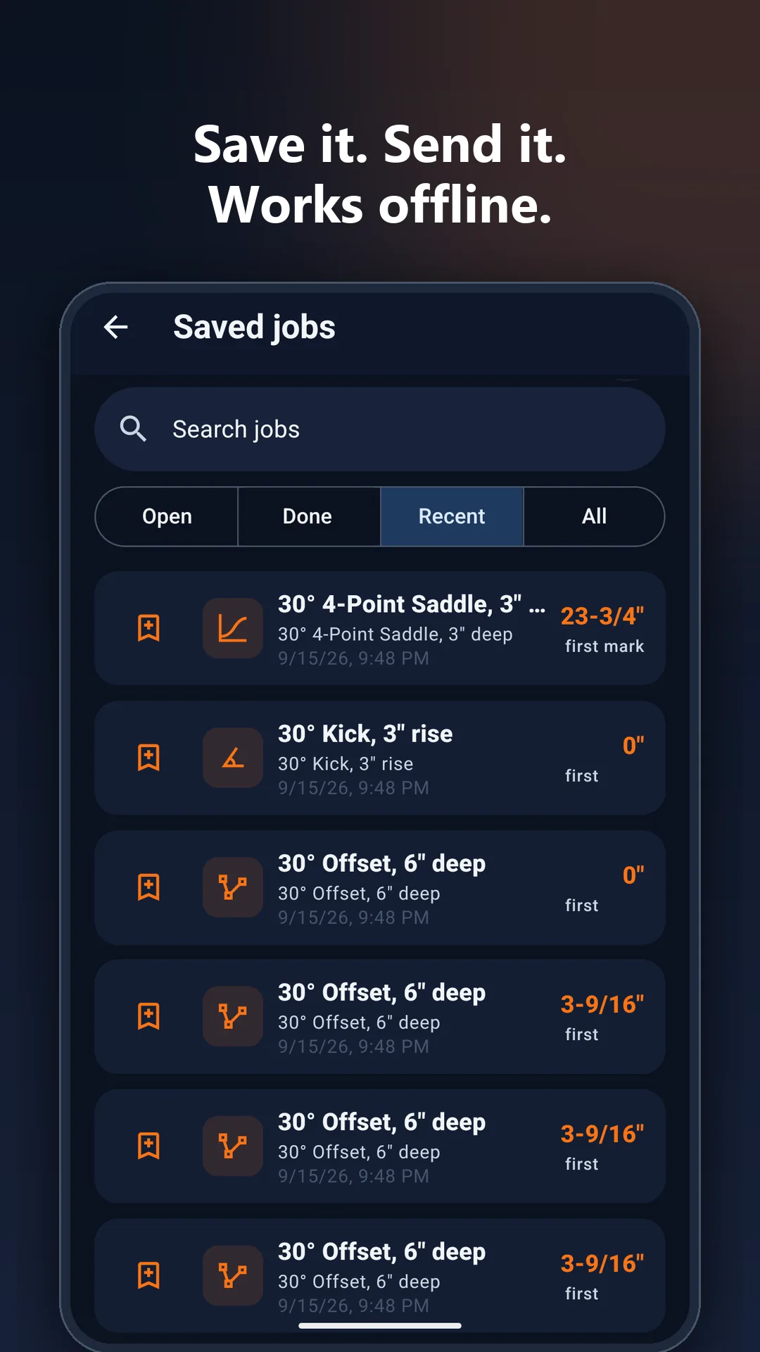 Conduit Bending Calculator app: Saved jobs and history